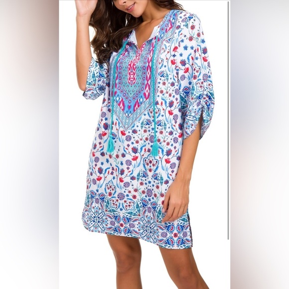 Women Bohemian Neck Tie Vintage Printed Ethnic Style Summer Shift Dress - Picture 3 of 7